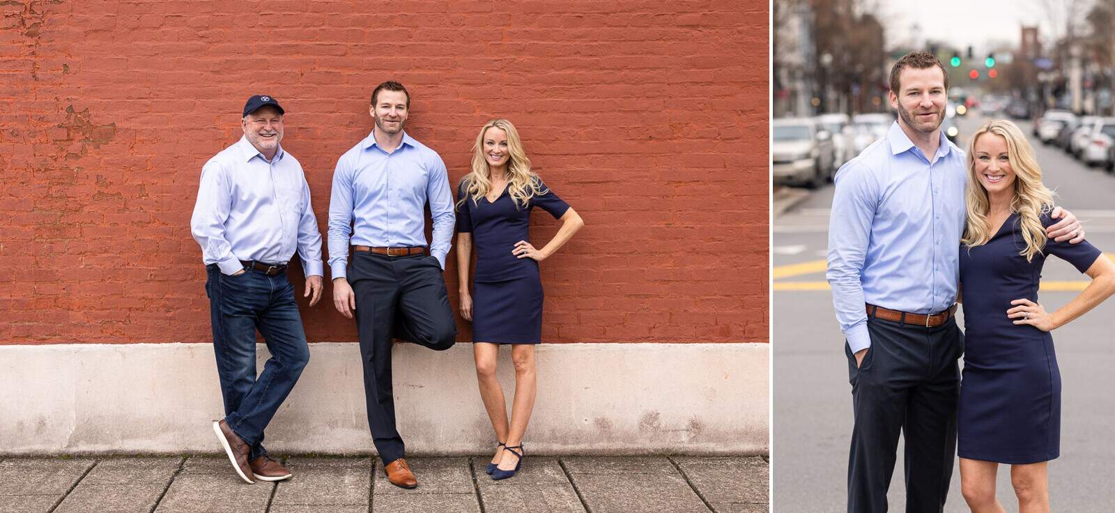 three people pose in small town main street